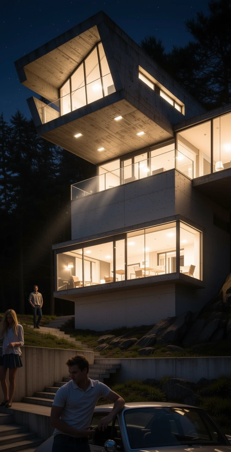 Contoh visualisasi AI rumah modern pada malam hari