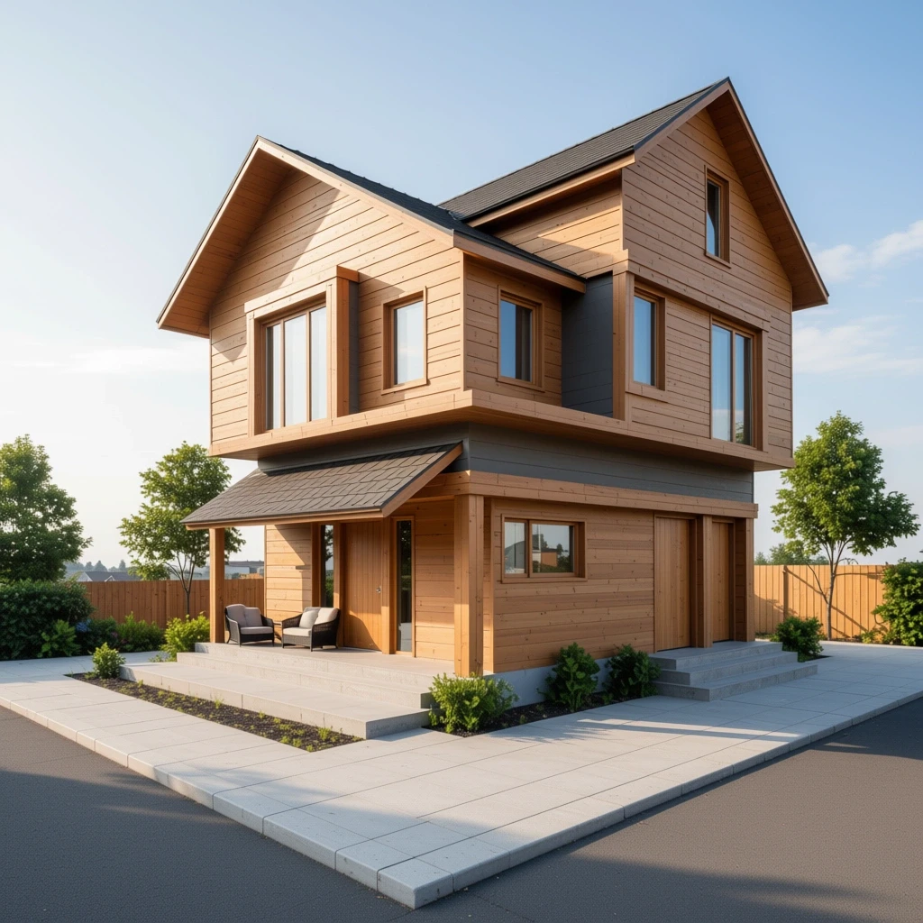 Contoh visualisasi AI rumah kayu modern